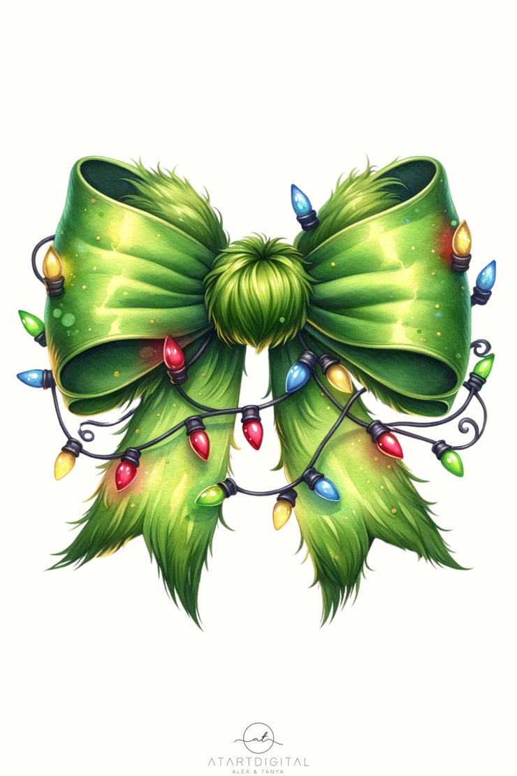 Green Coquette Bow with Christmas Lights PNG | Merry Christmas Sublimation Design for T-Shirts & Digital Crafting