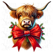 Coquette Christmas Highland Cow with Red Bow, Western Christmas Sublimation Design PNG, Aesthetic Merry Christmas Digital Download