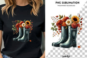 Rain Boots with Flowers & Floral Bouquet PNG, Cozy Autumn Digital Print, PNG Design, Transparent Sublimation, Rubber Boots PNG