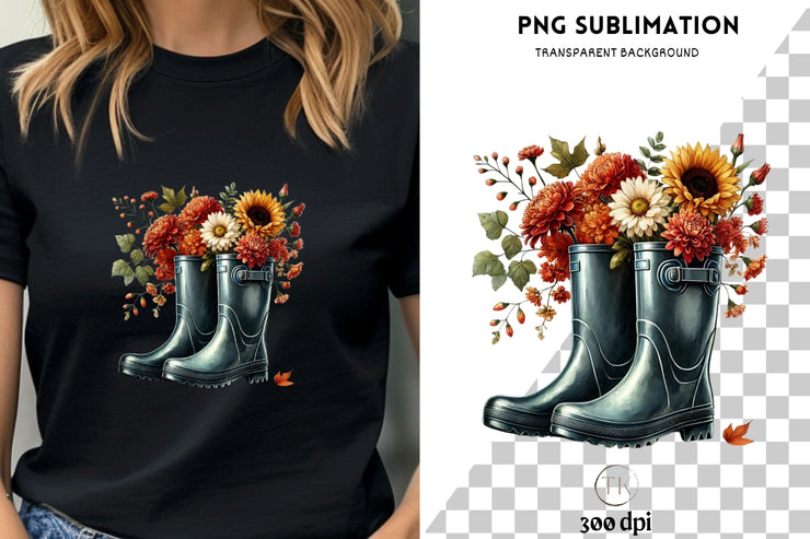 Rain Boots with Flowers & Floral Bouquet PNG, Cozy Autumn Digital Print, PNG Design, Transparent Sublimation, Rubber Boots PNG