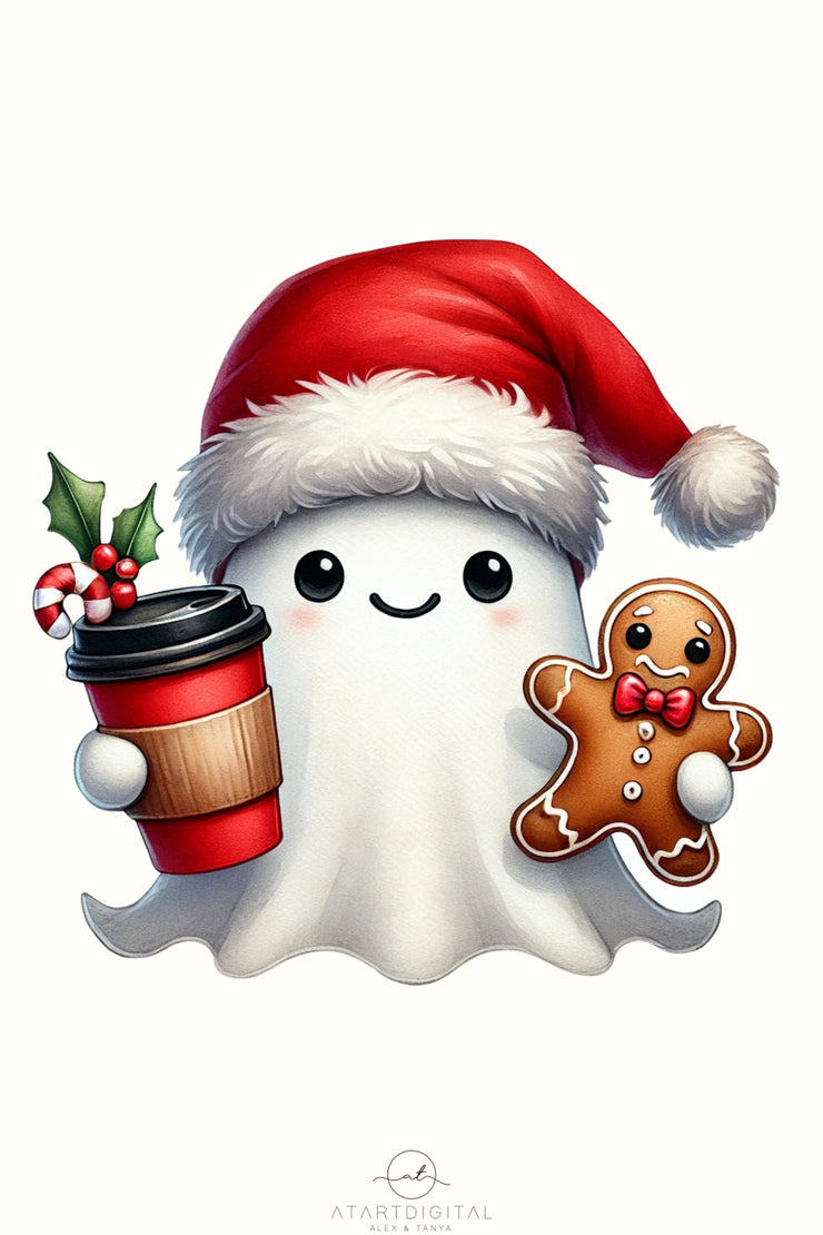 Cute Christmas Ghost PNG | Retro Ghost with Gingerbread Man & Coffee Cup for Trendy Holiday Sublimation