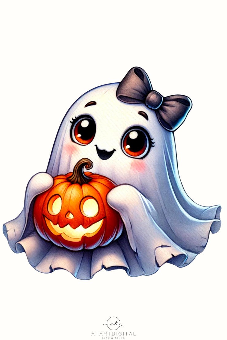 Coquette Ghost & Pumpkin Digital Download PNG, Cute Halloween Design, Pumpkin Season PNG, Shirt Design