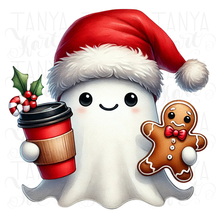 Cute Christmas Ghost PNG | Retro Ghost with Gingerbread Man & Coffee Cup for Trendy Holiday Sublimation