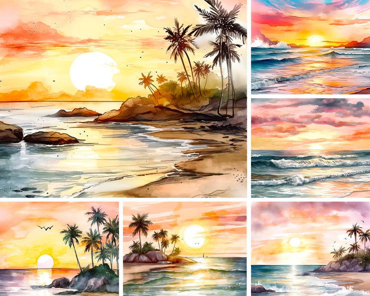 Watercolor Beach Sunsets Digital Paper Pack