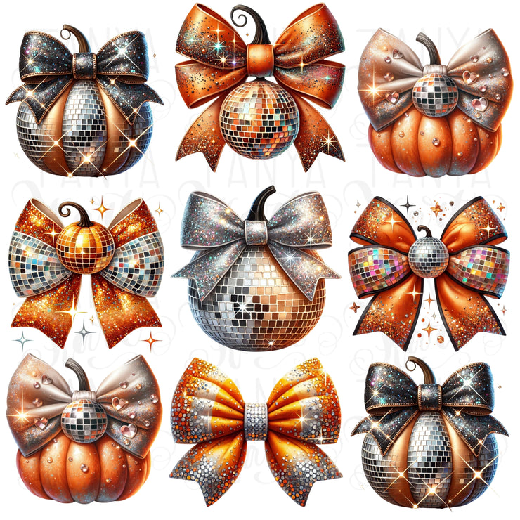 Disco Ball Pumpkin PNG, Glitter Fall Aesthetic Print, Pumpkin Bow PNG, Sparkly Autumn Sublimation Designs, Vintage Coquette Bow PNG