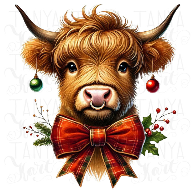 Howdy Highland Cow with Red Christmas Coquette Design for Sublimation & Digital Downloads, Merry Christmas, Girly Highland Cow, Western