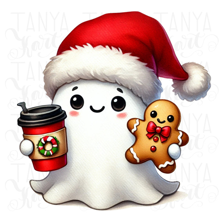 Retro Christmas Ghost PNG, Cute Christmas Gingerbread Man, Coffee Cup, Holiday Hoodie Sublimation, Cute Christmas Ghost,Seasonal Digital Art