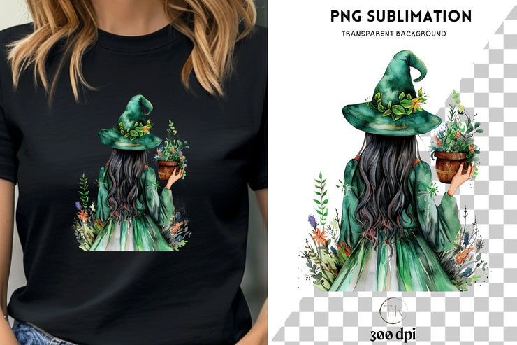 Plant Witch PNG Digital Print for Dark Academia Crafting, Transparent Sublimation Design, Green Witch for Card Making, DTF PNG File