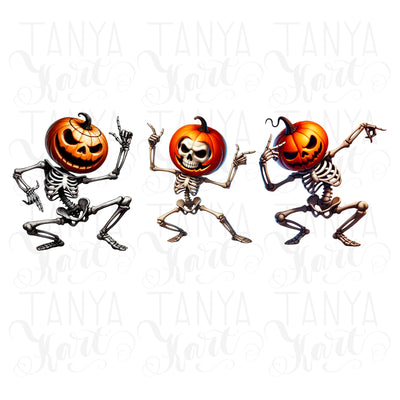 Dancing Skeletons & Pumpkin Head PNG, Spooky Halloween Decor, Retro Halloween Fun, Pumpkin Skull Sublimation Instant Download