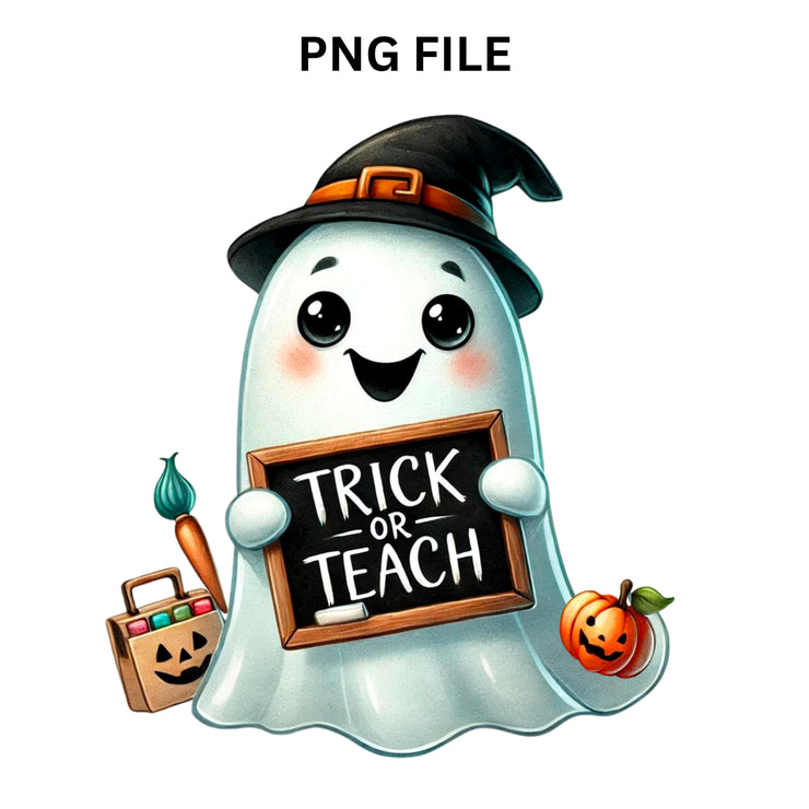 Trick or Teach PNG Digital Download Set, Cute Ghost Designs for Sublimation & Print on Demand, Digital Crafting, Funny Transparent Designs