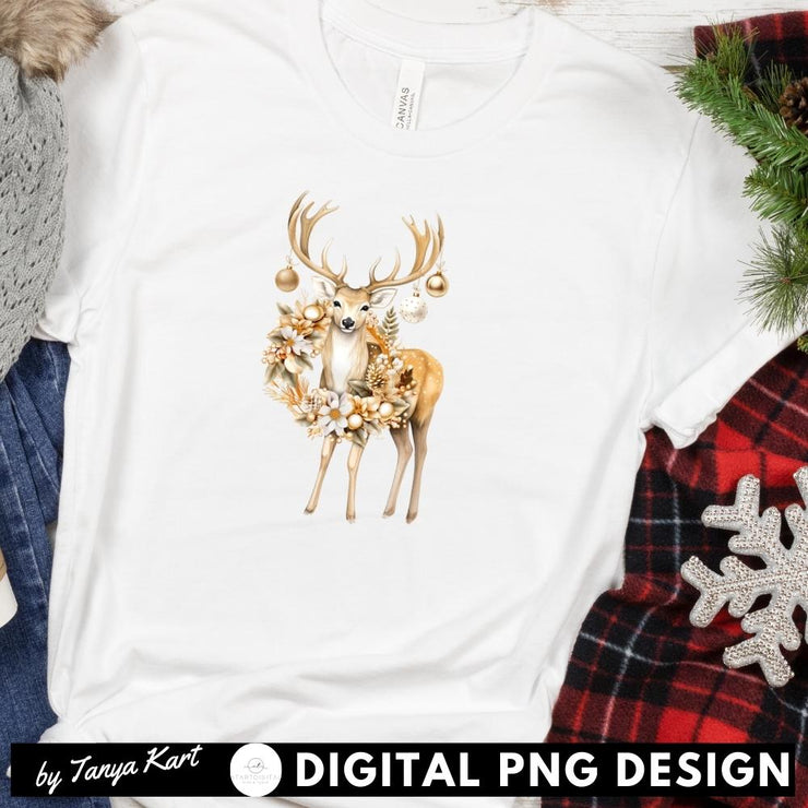 Christmas Deer Art Print, Winter Wreath Sublimation Download