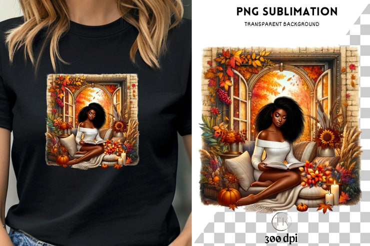 Autumn Reading Digital Print, Sublimation PNG for Crafting & Card Making, Fall Vibes Tshirt Designs, Transparent Autumn, Black Woman Autumn