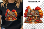 Autumn House PNG, Fall Leaves Sublimation Print, Crafting Files for Cozy Autumn Vibes, Autumn Tree Print, Transparent PNG Designs