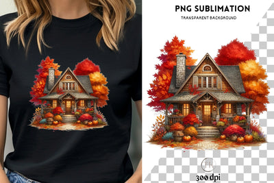 Autumn House PNG, Fall Leaves Sublimation Print, Crafting Files for Cozy Autumn Vibes, Autumn Tree Print, Transparent PNG Designs