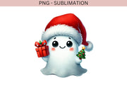 Trendy Christmas Ghost PNG | Cute Retro Ghost with Christmas Tree and Gifts for Sublimation & Holiday Hoodies