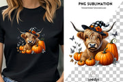 Autumn Highland Cow Digital Print for Crafting and Card Making, PNG Fall Pumpkin & Thanksgiving Sublimation Design for Tshirt, Tumbler