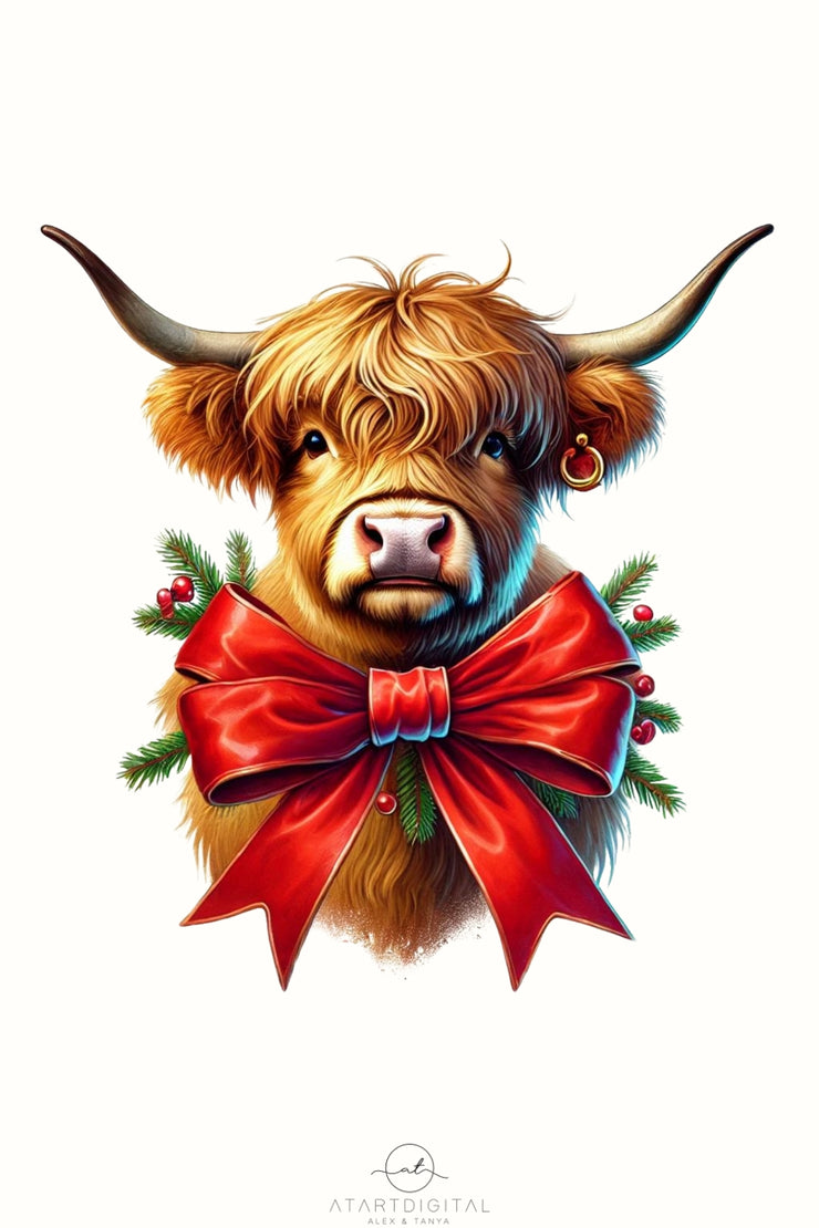 Coquette Christmas Highland Cow with Red Bow, Western Christmas Sublimation Design PNG, Aesthetic Merry Christmas Digital Download