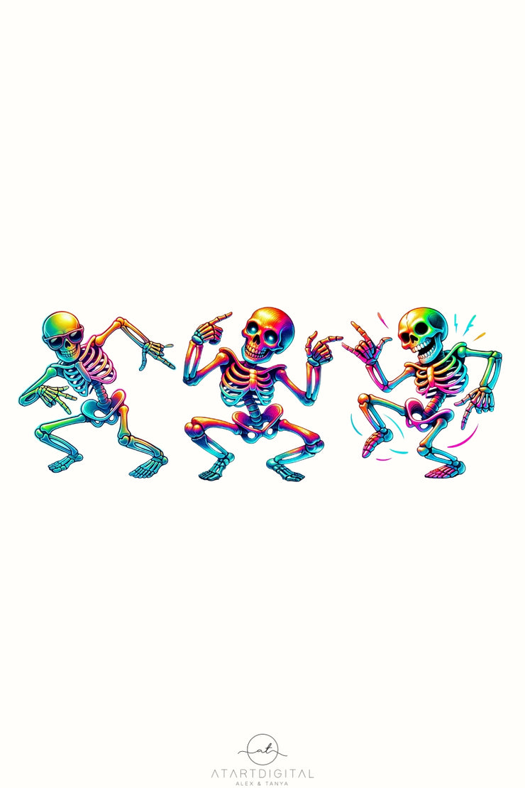 Neon Dancing Skeletons PNG for Dancer Shirts & Instant Download, Neon Halloween Sublimation for T-Shirts, DTF Designs, Halloween Graphics