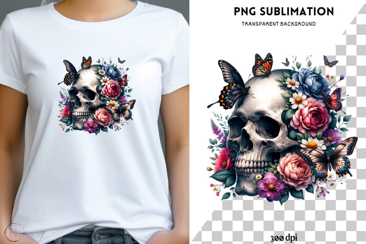 Skull with Flowers PNG Sublimation Tshirt Design