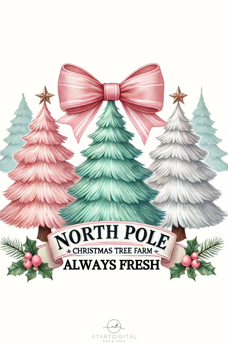 North Pole  PNG, Coquette Pink Bow PNG, Trendy Christmas Shirt Design, Watercolor Bow, Retro Christmas Tree & Sublimation, Girly Christmas