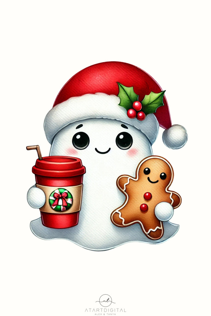 Christmas Vibes Ghost PNG | Girly Christmas Ghost with Coffee Cup & Gingerbread Man for Hoodie Sublimation Designs