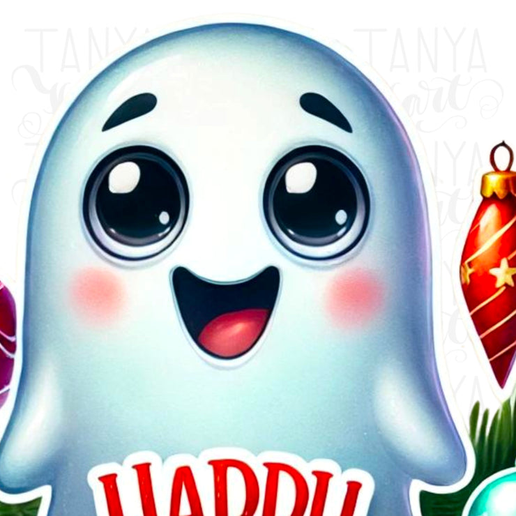 Happy Holidays Ghost PNG, Transparent Winter Sublimation, Cute Christmas Ghost, Holiday Design, Retro Christmas Ghost Digital Download