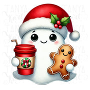 Christmas Vibes Ghost PNG | Girly Christmas Ghost with Coffee Cup & Gingerbread Man for Hoodie Sublimation Designs