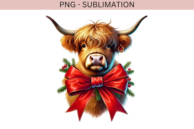 Coquette Christmas Highland Cow with Red Bow, Western Christmas Sublimation Design PNG, Aesthetic Merry Christmas Digital Download