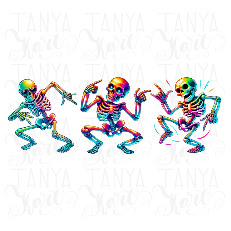 Neon Dancing Skeletons PNG for Dancer Shirts & Instant Download, Neon Halloween Sublimation for T-Shirts, DTF Designs, Halloween Graphics