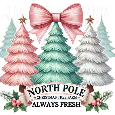 North Pole  PNG, Coquette Pink Bow PNG, Trendy Christmas Shirt Design, Watercolor Bow, Retro Christmas Tree & Sublimation, Girly Christmas