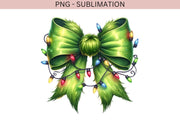 Green Coquette Bow with Christmas Lights PNG | Merry Christmas Sublimation Design for T-Shirts & Digital Crafting