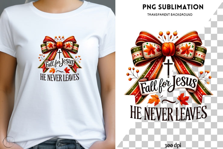 Fall for Jesus He Never Leaves, Autumn Christian Sublimation Art, Fall for Faith, Digital Fall Leaves Design PNG, Christian Cross, Download