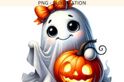 Vintage Halloween Ghost with Pumpkin Sublimation Design, Spooky Season Digital Fall PNG, Cute Ghost & Pumpkin, Coquette Bow Autumn Shirt