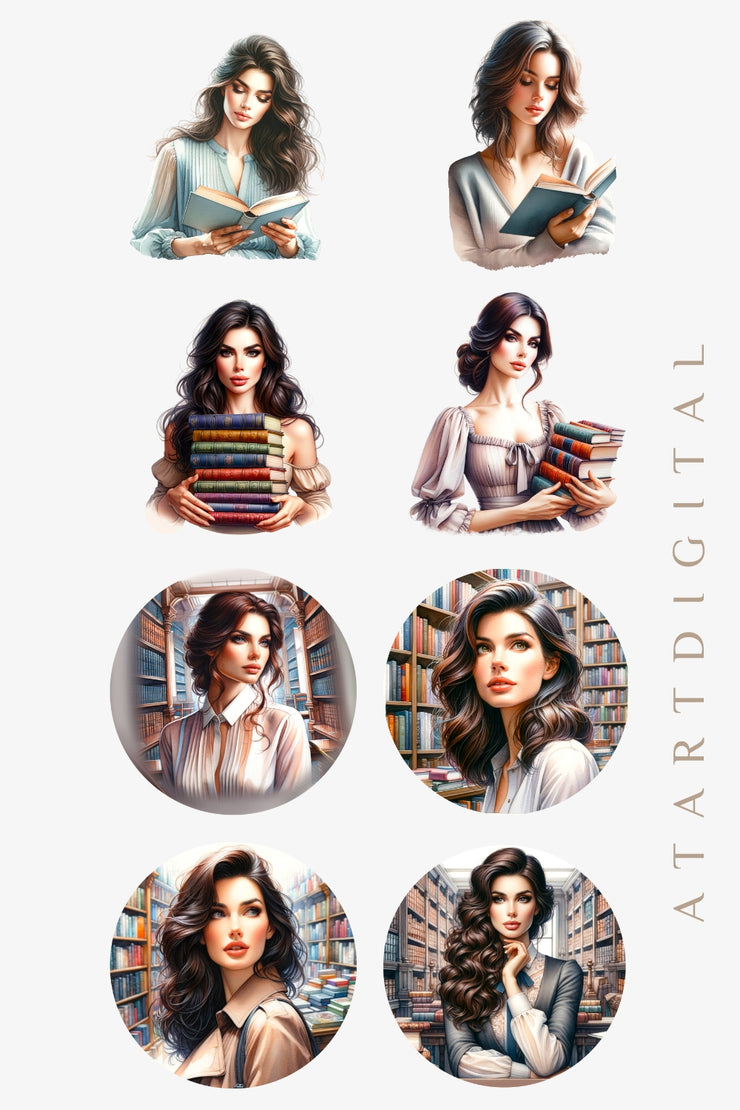 Girl Reading Book Clipart, Watercolor Book Illustrations