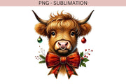 Howdy Highland Cow with Red Christmas Coquette Design for Sublimation & Digital Downloads, Merry Christmas, Girly Highland Cow, Western