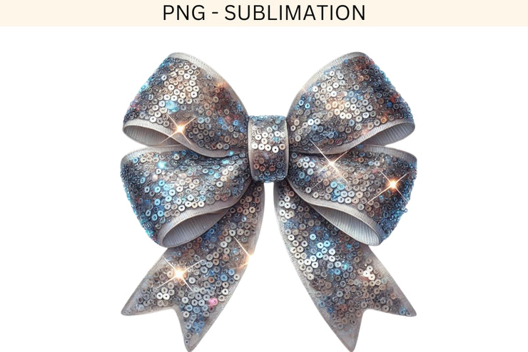 Glittery Silver Bow PNG for Coquette Sublimation, Bow Design PNG, Silver Sequined Bow, Digital Download