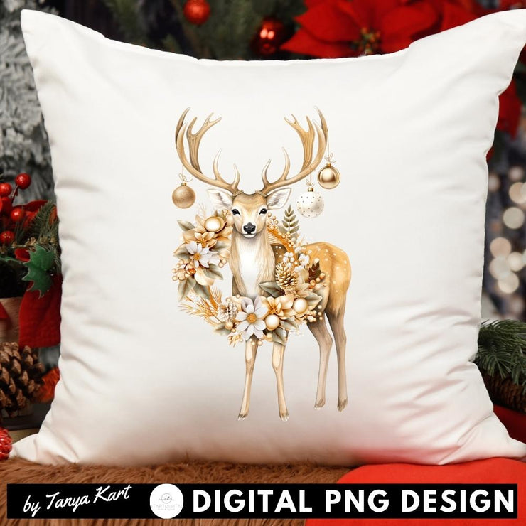 Christmas Deer Art Print, Winter Wreath Sublimation Download