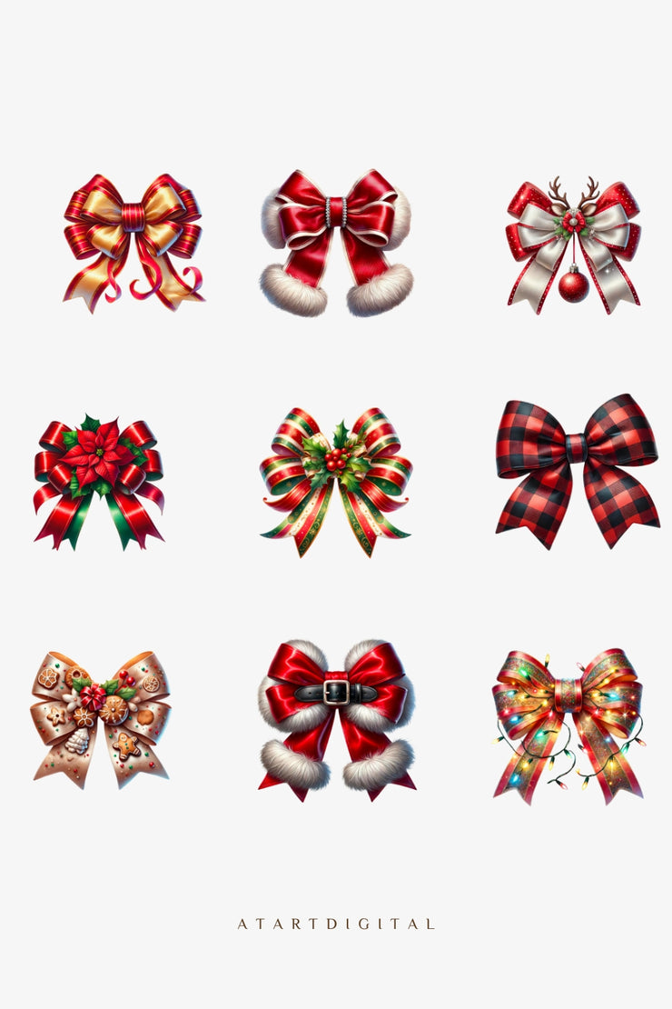 Coquette Christmas Bows PNG, Red Bow Clipart for Sublimation