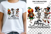 Happy Hallothanksmas PNG, Dancing Skeletons, Funny Halloween Designs, Thanksgiving, Christmas Sublimation Designs