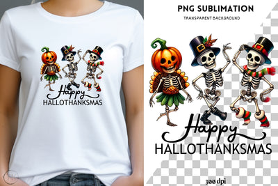 Happy Hallothanksmas PNG, Dancing Skeletons, Funny Halloween Designs, Thanksgiving, Christmas Sublimation Designs