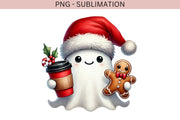 Cute Christmas Ghost PNG | Retro Ghost with Gingerbread Man & Coffee Cup for Trendy Holiday Sublimation