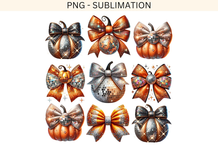 Disco Ball Pumpkin PNG, Glitter Fall Aesthetic Print, Pumpkin Bow PNG, Sparkly Autumn Sublimation Designs, Vintage Coquette Bow PNG