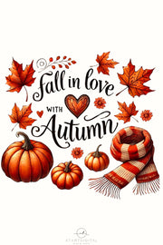 Fall in Love with Autumn PNG, Autumn Leaves & Vibes Sublimation, Trendy Fall Shirt Design, Digital Download for T-Shirts, Love Fall