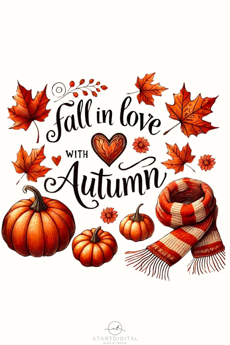 Fall in Love with Autumn PNG, Autumn Leaves & Vibes Sublimation, Trendy Fall Shirt Design, Digital Download for T-Shirts, Love Fall