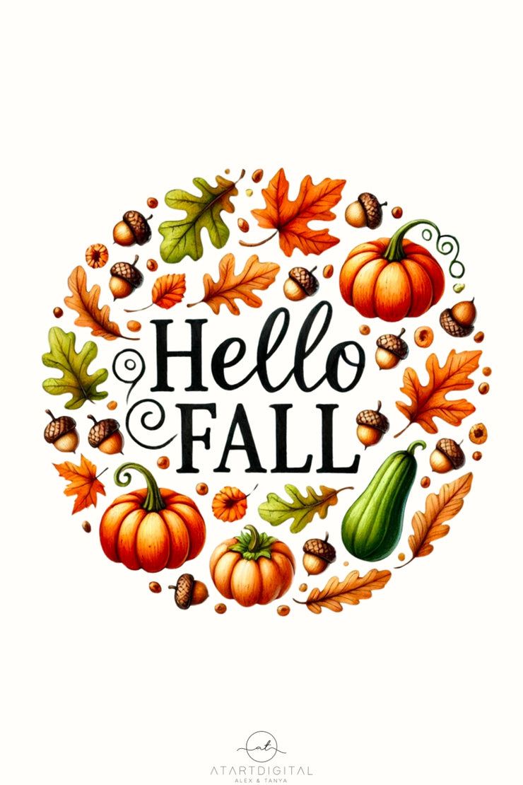 Hello Fall PNG, Autumn Vibes Leaf Illustration for Digital Prints and Crafting, Fall Leaves Transparent Design for Card Making & T-Shirt Sublimation