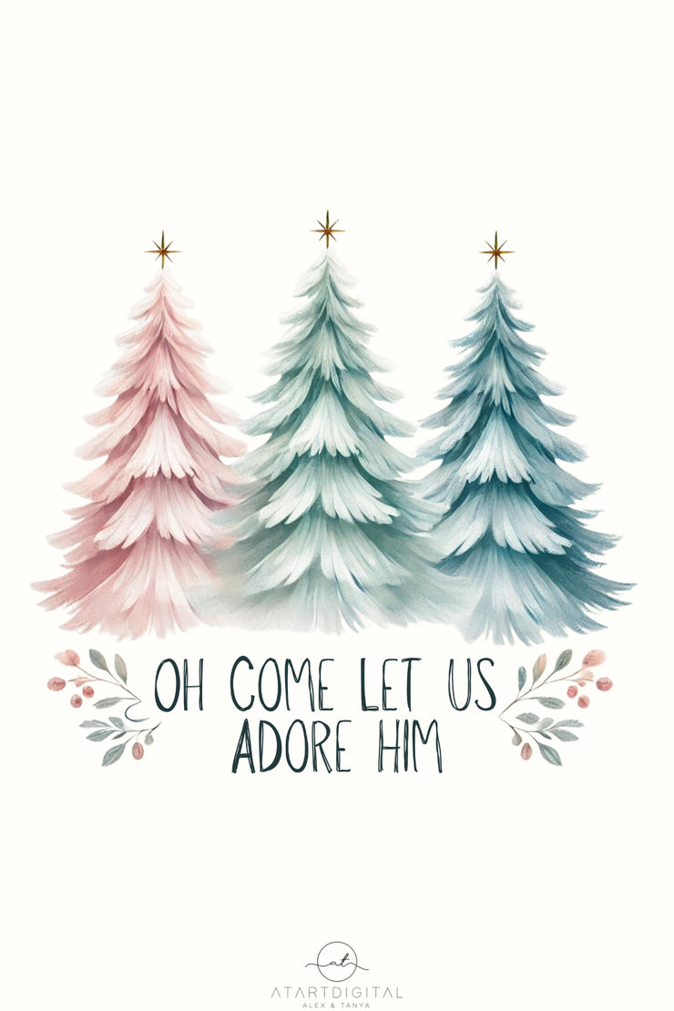 Oh Come Let Us Adore Him PNG | Christian Christmas Coquette with Bow, Bible Verse & Jesus Sublimation Design