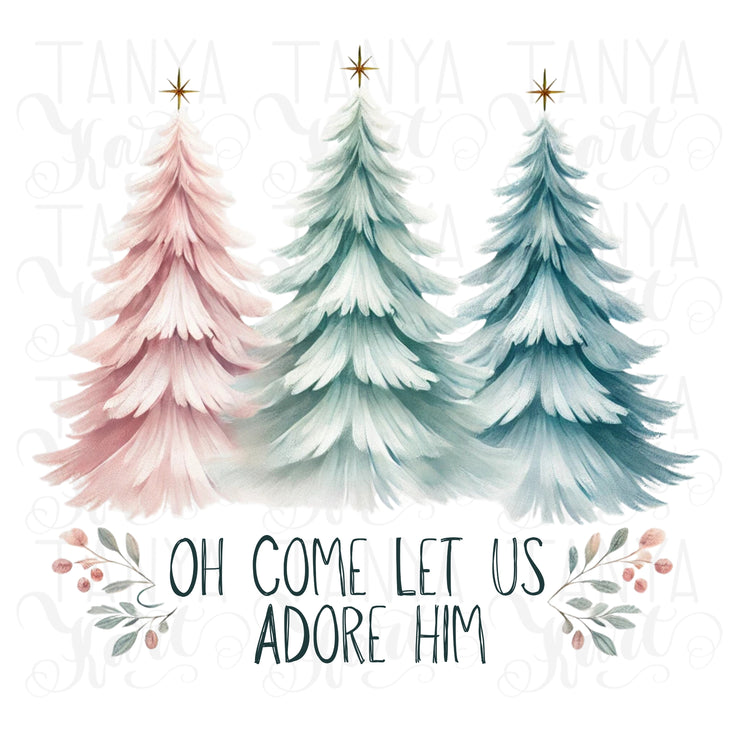 Oh Come Let Us Adore Him PNG | Christian Christmas Coquette with Bow, Bible Verse & Jesus Sublimation Design