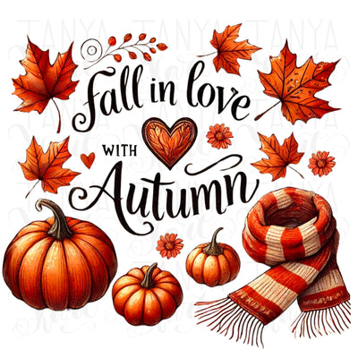 Fall in Love with Autumn PNG, Autumn Leaves & Vibes Sublimation, Trendy Fall Shirt Design, Digital Download for T-Shirts, Love Fall