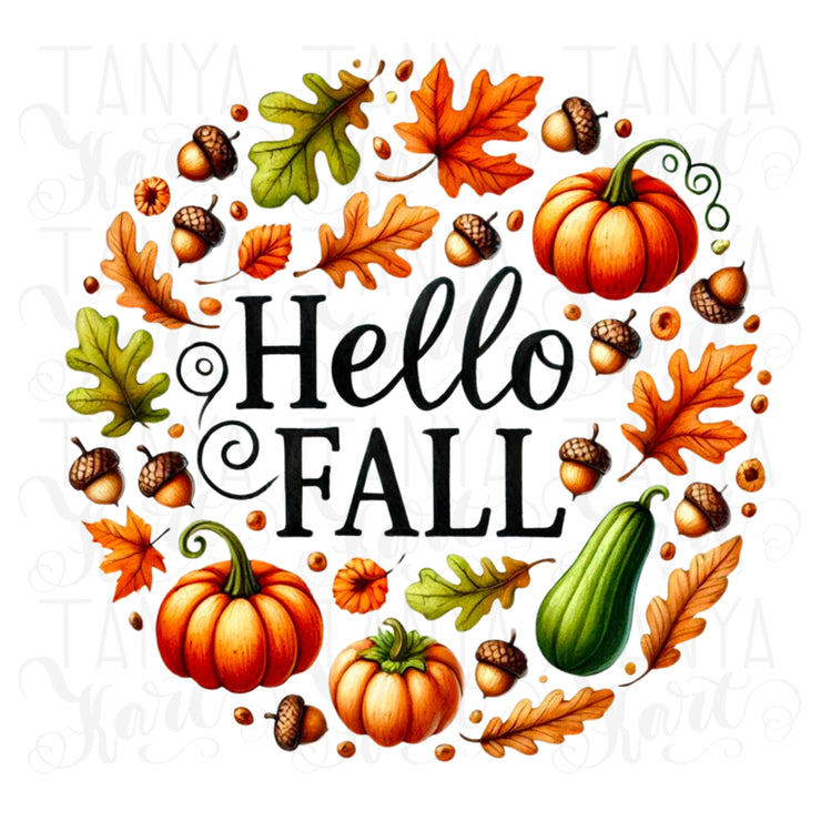 Hello Fall PNG, Autumn Vibes Leaf Illustration for Digital Prints and Crafting, Fall Leaves Transparent Design for Card Making & T-Shirt Sublimation