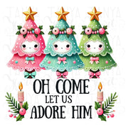 Oh Come Let Us Adore Him PNG | Christian Coquette Christmas with Bow, Jesus & Bible Verse Sublimation Design